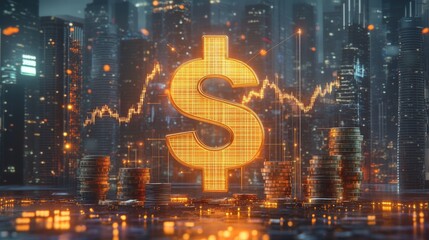 Obraz premium A glowing dollar symbol with a digital city skyline in the background, overlaid with fluctuating financial graphs and golden coins.