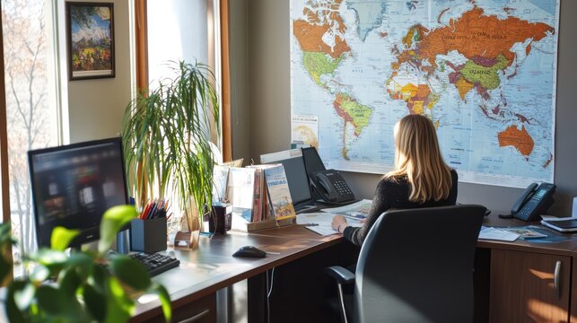A small business travel agency with a consultant assisting clients with vacation plans, modern office with world maps and travel brochures
