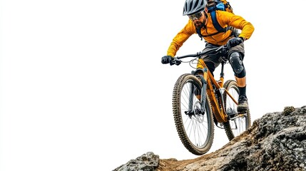 Naklejka premium Mountain Biker Descending Rocky Terrain