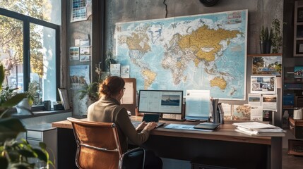 A small business travel agency with a consultant assisting clients with vacation plans, modern office with world maps and travel brochures