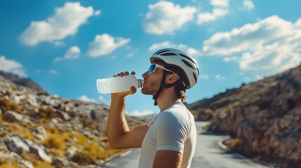 Cyclist Enjoying Refreshment on Mountain Road
