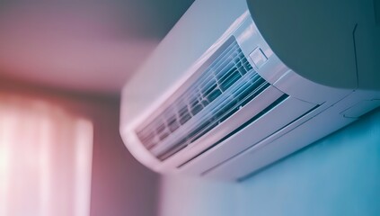 Close up of a white air conditioner unit mounted on a wall, the unit's blades are visible.
