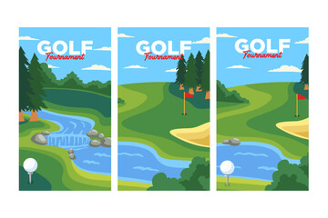Fototapeta premium golf course with ball, hole, flag, river and sand trap vertical oriental background vector illustration collection for golf club sport and tournament banner, poster, flyer, wallpaper and any media