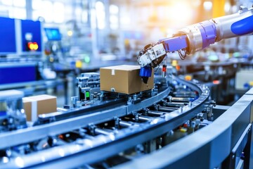 Fototapeta premium A robotic arm handling packages on a conveyor belt in an automated industrial setting.