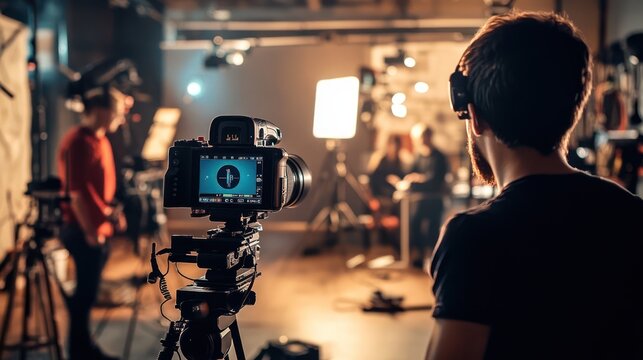 A small business video production studio with a team setting up cameras and lighting, professional atmosphere with high-end equipment