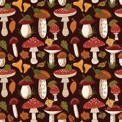 Vector seamless pattern with edible mush and autumn leaves. Autumn time. Autumn forest. Hand drawn illustration. The print is used for Wallpaper, fabric, textile.