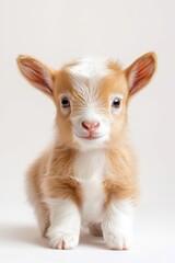 A baby goat, isolate on white background, with small horns and a curious, playful expression.