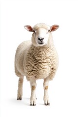 Fototapeta premium A sheep standing on all fours, isolate on white background, showcasing its woolly texture and features.