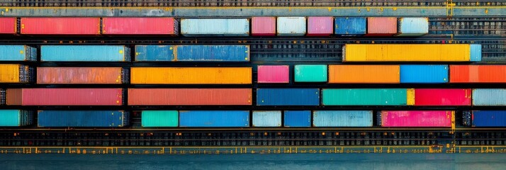Obraz premium Aerial view of colorful shipping containers stacked in a shipping yard, showcasing an organized and vibrant logistical setup for transport.