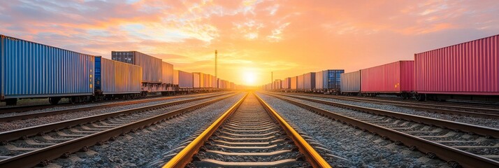 Vibrant sunset over railway tracks flanked by colorful shipping containers, creating a striking industrial landscape.