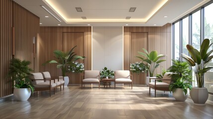 Fototapeta premium Serenity in Healthcare A Contemporary Hospital Waiting Room Oasis with Lush Greenery and Luxurious Seating