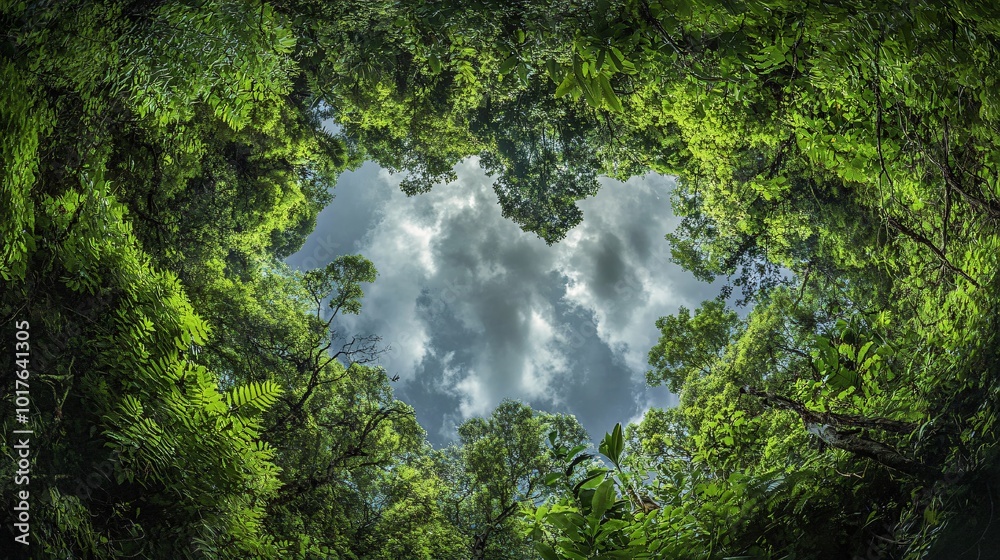 Wall mural looking up through a canopy of trees at a cloudy sky.