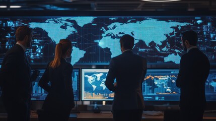 A team of global business professionals collaborating on a project, high-tech office with digital charts and world maps