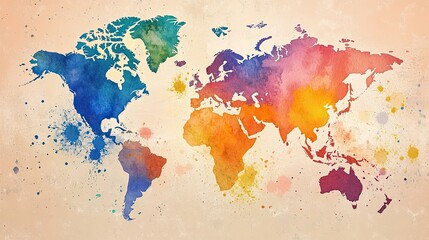 Watercolor Map with Splattered Effects: World Map Rendered in Watercolor with Splattered Paint Accents, Adding a Whimsical and Artistic Touch to Geographic Visualization.