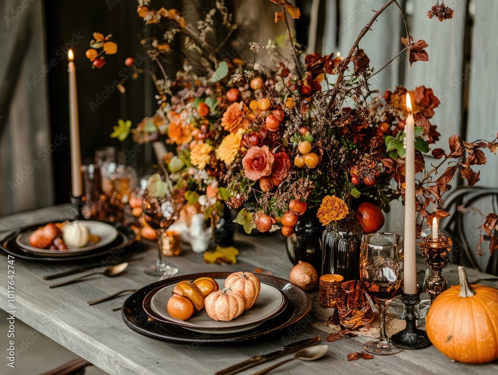 Sticker Autumn festive table decor with romantic candlelight