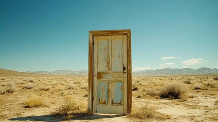 An isolated antique door standing alone in a vast desert landscape under a clear blue sky.