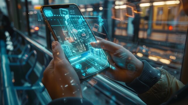 Urban Futurism Commuter with Holographic City Ticketing on Smartphone