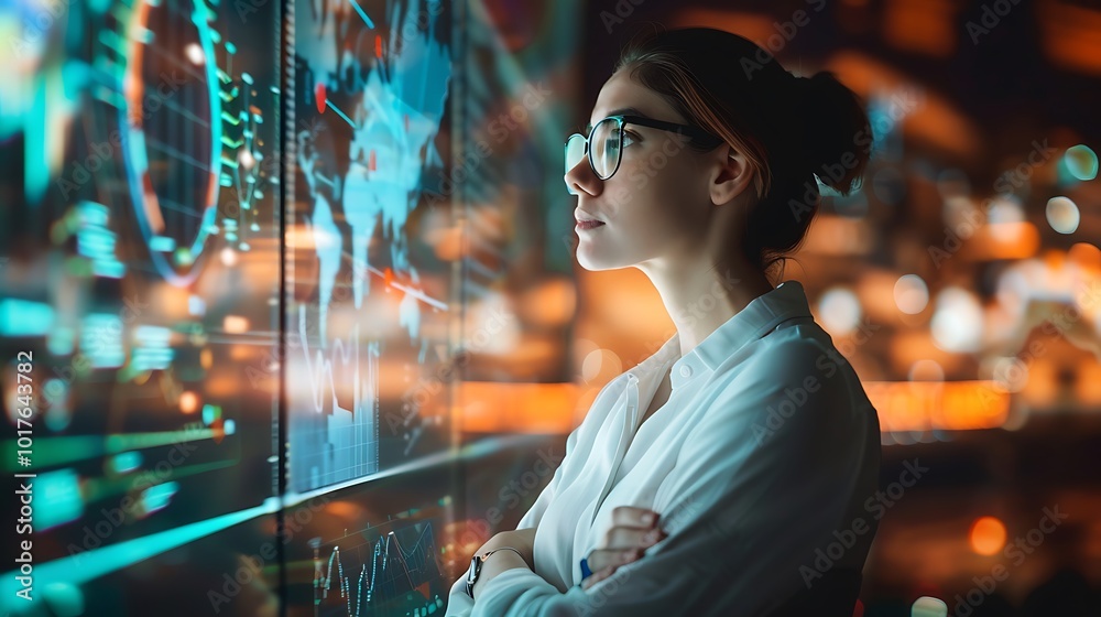 Poster woman intently studies a large screen filled with complex data, charts, and graphs suggests a profes