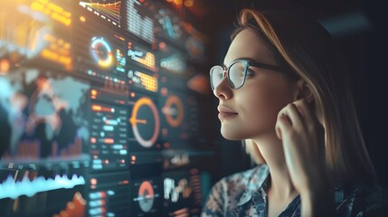 Young woman wearing glasses is concentrating on data screens.