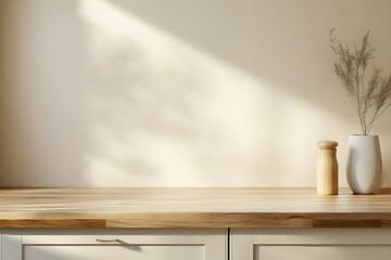Wood kitchen countertop on beige wall background for product presentation. Empty table top with minimalist design. Mockup for food, drink and beauty advertisement design