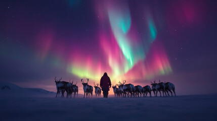 A peaceful image of the Northern Lights glowing above a herd of reindeer in the Arctic, with the aurora reflecting on the snow.