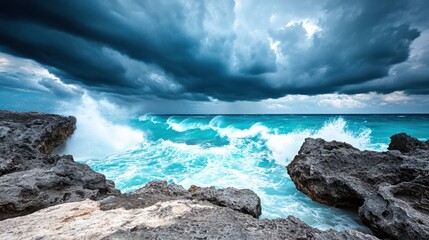 Obraz premium Dramatic Ocean Waves Crashing Against Rocky Shoreline