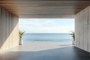 Terrace with ocean view. Empty room balcony with access to beach and sea. Mockup of space with modern design made of concrete and wood