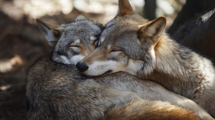 Obraz premium A wolf pack, with two wolves hugging, their bodies leaning into each other in a show of affection