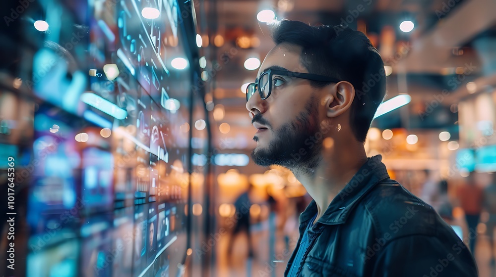 Poster man in a city setting is looking at a large futuristic digital interface screen showing various data