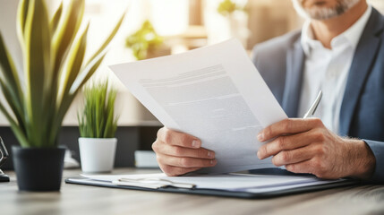 A man reviewing documents in a professional setting with plants in the background.