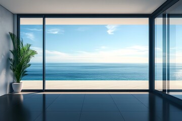 Balcony with panoramic window overlooking the sea. Empty terrace with modern interior style. Luxury studio for travel advertising