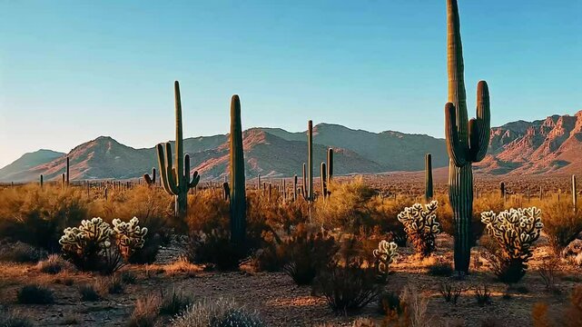 Tall saguaro cacti stand against a backdrop of desert mountains.
