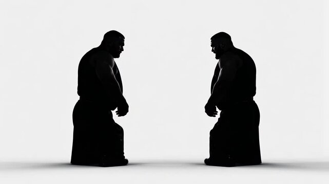 Two sumo wrestlers in silhouette facing each other, preparing for a match