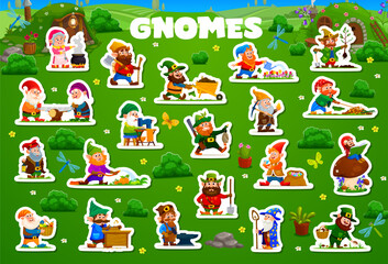 Cartoon gnomes and dwarfs characters stickers, vector fairy tale village workers. Gnomes or little dwarfs stickers with gardener or farmer, leprechaun miner and blacksmith or woodworker and hunter