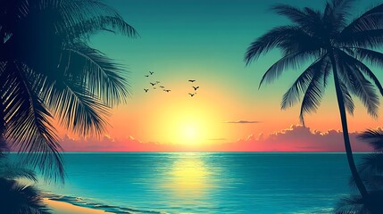 A vibrant sunset over a tropical beach with palm trees silhouetted against the sky.