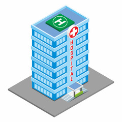 Isometric view of a high hospital building with helipad on rooftop.