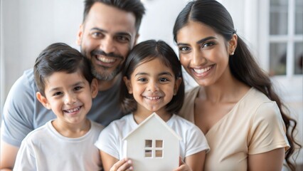 Obraz premium Real Estate Concept: Happy Young Indian Family of Four Holding 3D Paper Model of a Home 
