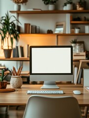 A modern workspace featuring a computer, plants, and organized shelves for productivity.