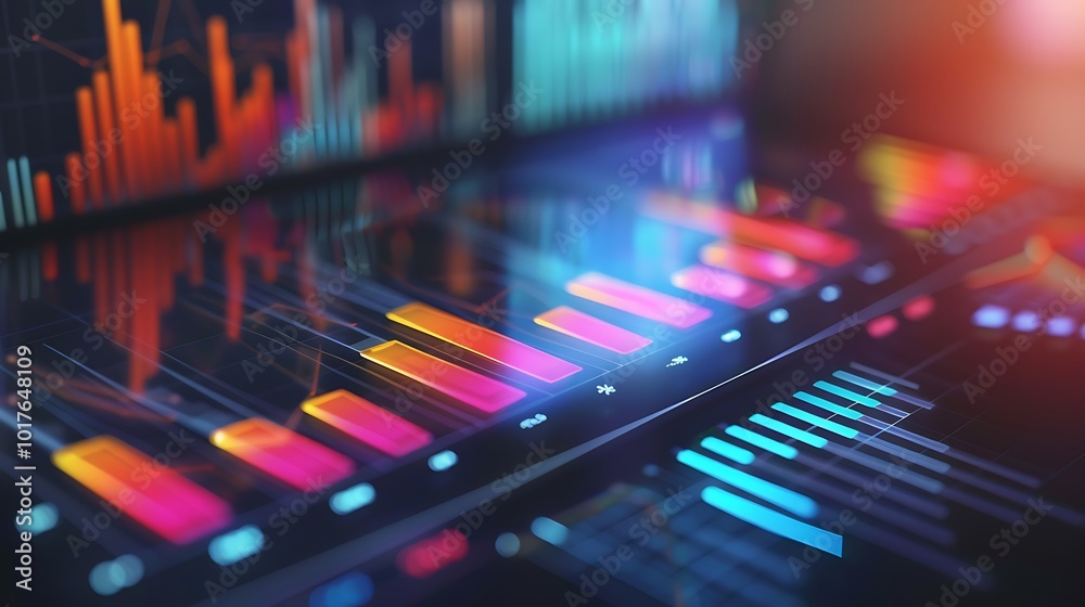 Poster screen displaying colorful charts and graphs, showcasing data visualization and analysis.