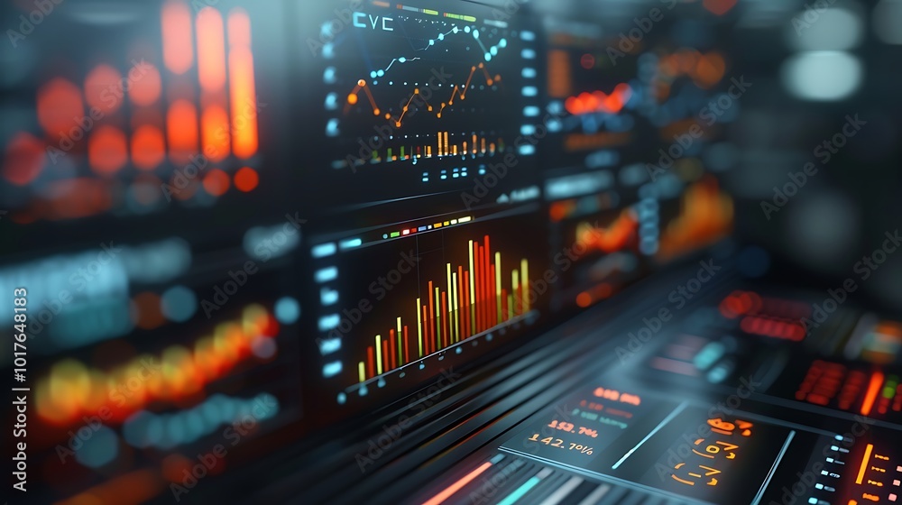Poster digital dashboard with financial data and graphs, highlighting the technological aspect of business 