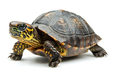A close-up of a colorful turtle on a white background.
