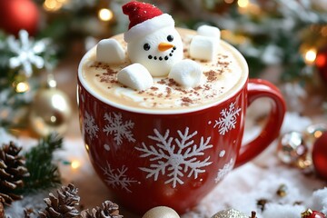 Hot chocolate with melted snowman made of marshmallows stock photo