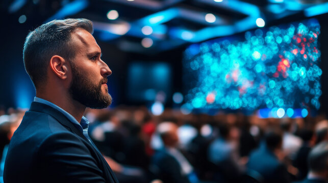 A keynote speaker presenting the latest digital tools for driving transformation at a technology summit, with live demonstrations.