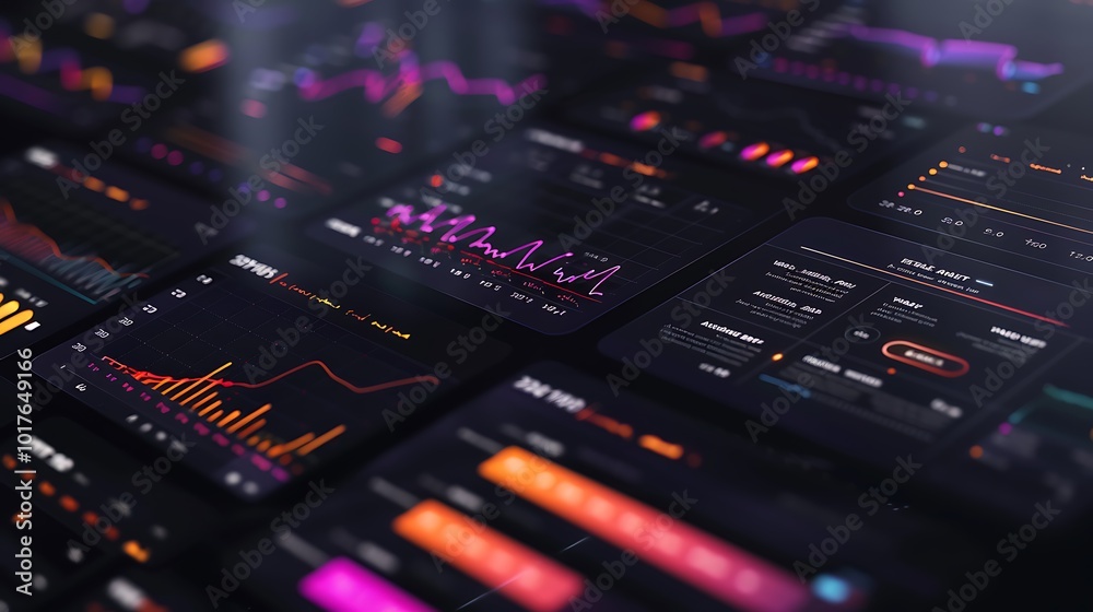 Poster colorful charts and graphs displayed on multiple screens, showcasing data visualization in a digital