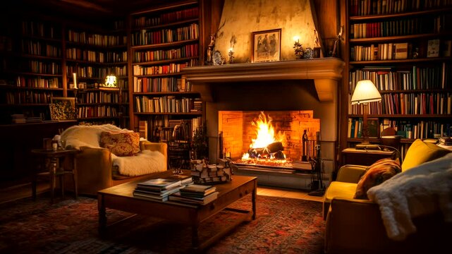 Warm cozy library with fireplace, wooden shelves, and glowing lamps during a peaceful winter evening. Cozy interior reading concept. Seamless time-lapse animation video background