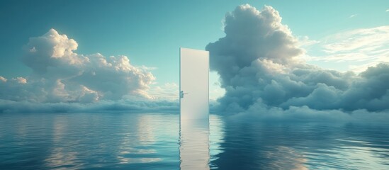 White door in a blue sky and ocean with fluffy clouds.