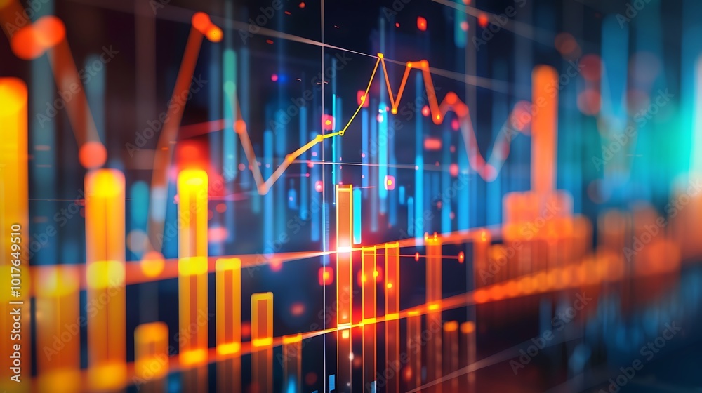 Poster close-up shot of a computer screen displaying colorful financial charts and graphs. the image depict