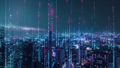 Cityscape with digital connections, representing the integration of AI in urban technology and social research for enhanced data collection. digital technology and big data connections, copy space
