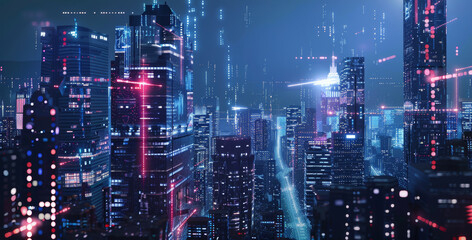 Cityscape with digital connections, representing the integration of AI in urban technology and social research for enhanced data collection. digital technology and big data connections, copy space