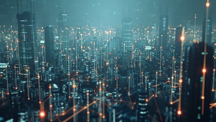 Cityscape with digital connections, representing the integration of AI in urban technology and social research for enhanced data collection. digital technology and big data connections, copy space